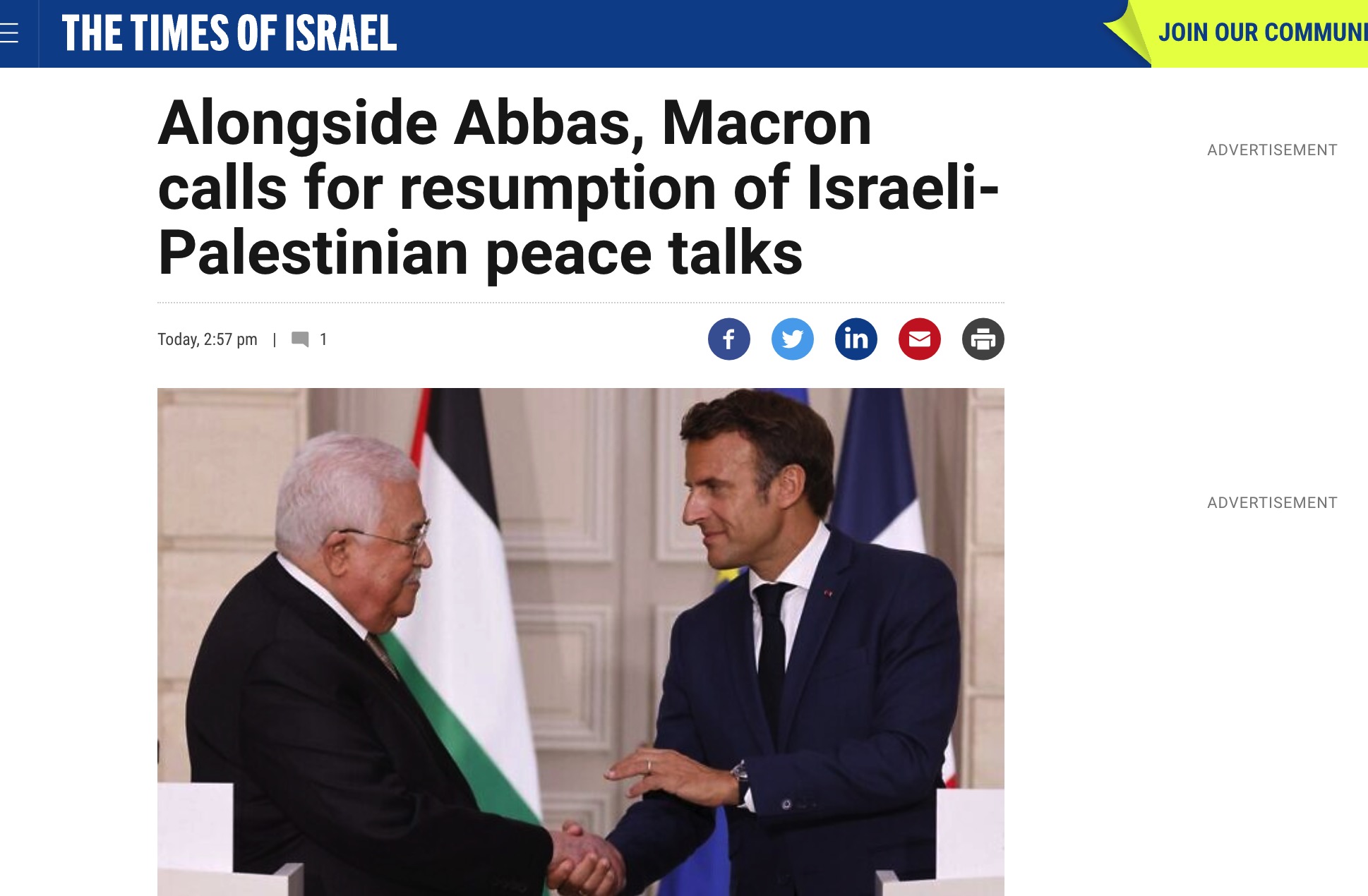 Alongside Abbas, Macron calls for resumption of Israeli-Palestinian peace talks 7 Screen Shot 2022 07 20 at 7.32.28 PM