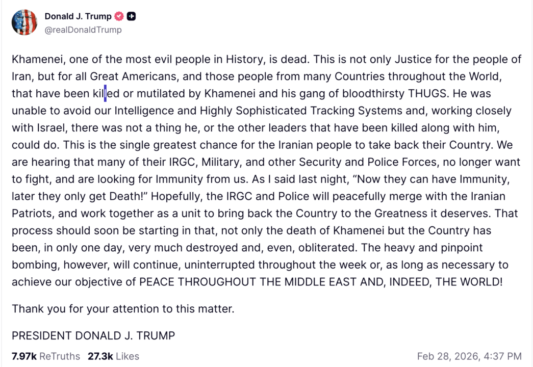 Trump Declares Khamenei Dead, Signals Continued Pressure on Iran 2 trump khameni death